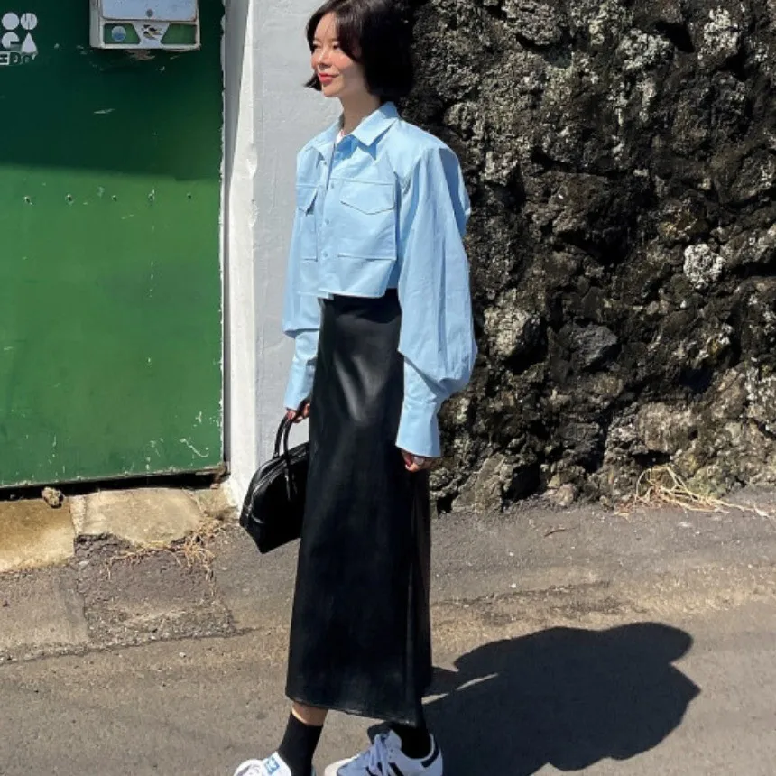 레트로 하이웨이스트 PU 가죽 스커트 여성용 미디 길이 비대칭 밑단 슬림핏 엘레 블라 스커트 모든 연령대용