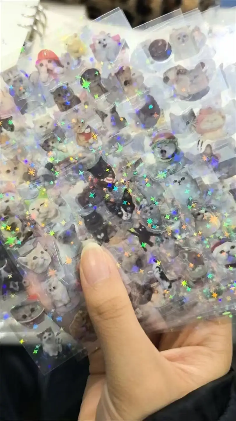 10 Uds. De pegatinas láser para gatos, notas con purpurina para mascotas, impermeables, translúcidas, papelería divertida, materiales bonitos para álbum de recortes, suministros para manualidades