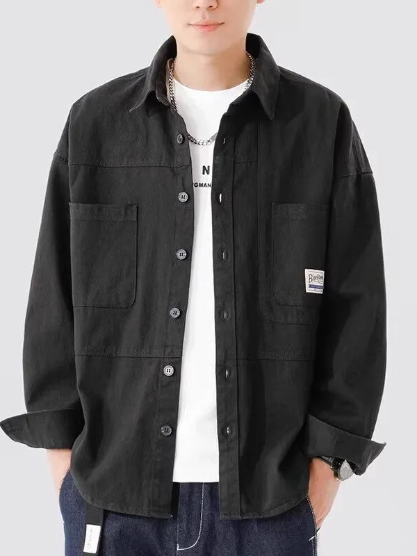 Wear-Resistant Long Sleeve Casual Shirt for Men Spring Autumn Style Collared Multi-Pocket Loose Fit Outerwear Versatile Jacket