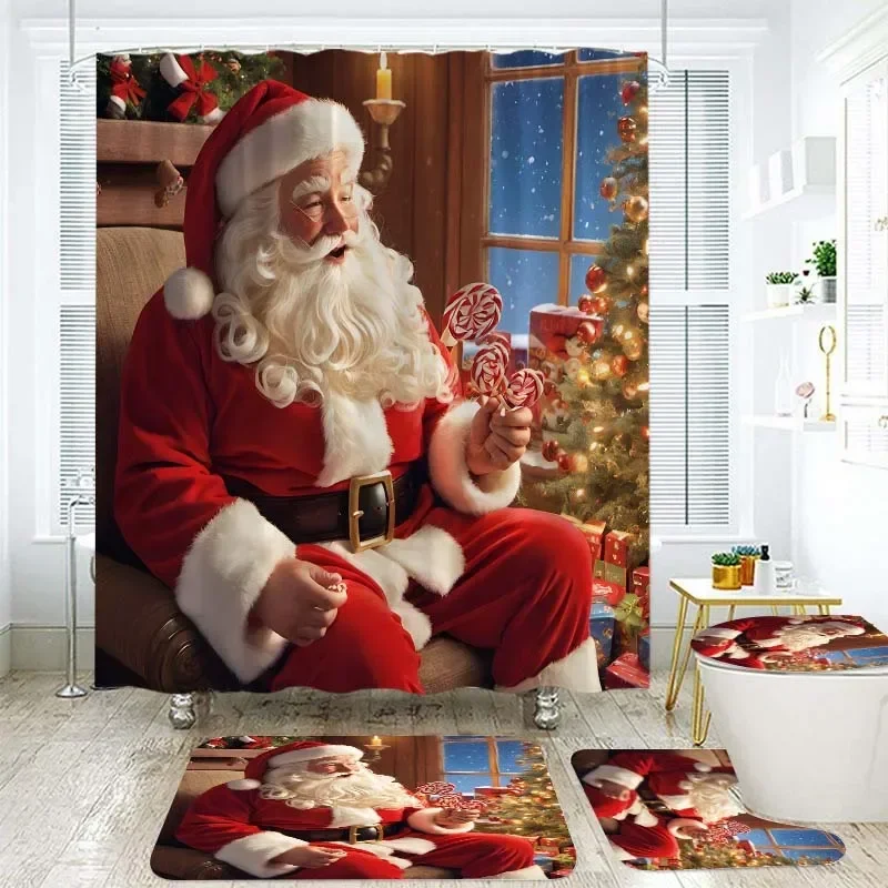 

180x180cm Christmas Floor Mat Santa Claus Pattern Shower Mat Set Partition Bathroom Waterproof and Mildew Proof Shower Curtain