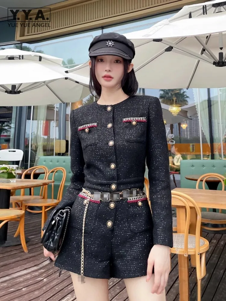 

Office Ladies Fashion Long Sleeve New Spring Tweed Rompers O-Neck High Waist Designer Single Breasted Wide Leg Women Playsuits