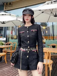 Office Ladies Fashion Long Sleeve New Spring Tweed Rompers O-Neck High Waist Designer Single Breasted Wide Leg Women Playsuits