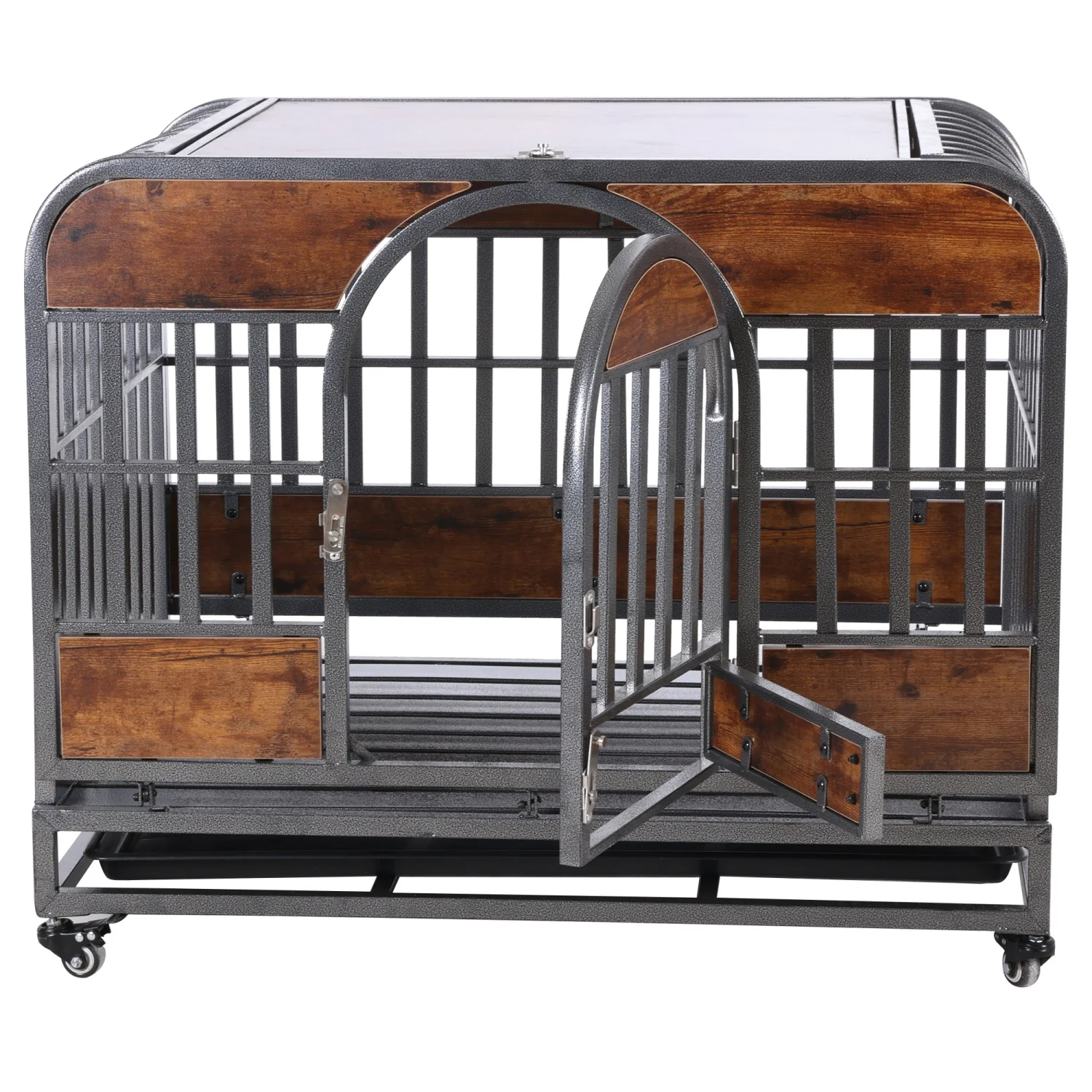 

46in Heavy Duty Dog Crate, Furniture Style Crate - Removable Trays & Wheels - High Anxiety Dogs