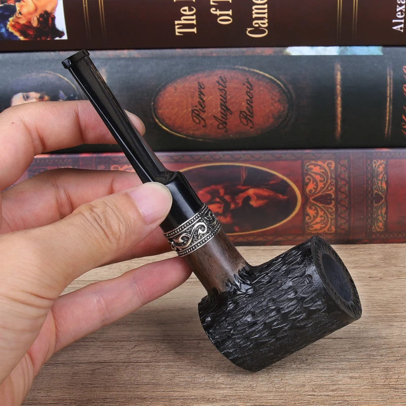 Ebony Wood Carved Straight Tobacco Pipe,Smooth Smoking Pipes,Wooden Tube with Decorative Ringh Gift for Smoker Fathers, 9mm, New