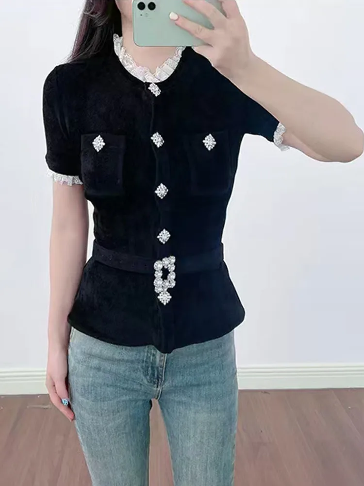 

Ele Bla Velvet ort Sve Open Cardigan with Lace Splicing And Waist-Cinching Design Faionable Little Bla Dr