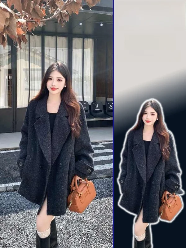 

plus Size Women's Bla Tweed Coat Double Breasted Loose Fit Warmth Sli Spring Autumn Outerwear Vintage Sle Long Sve