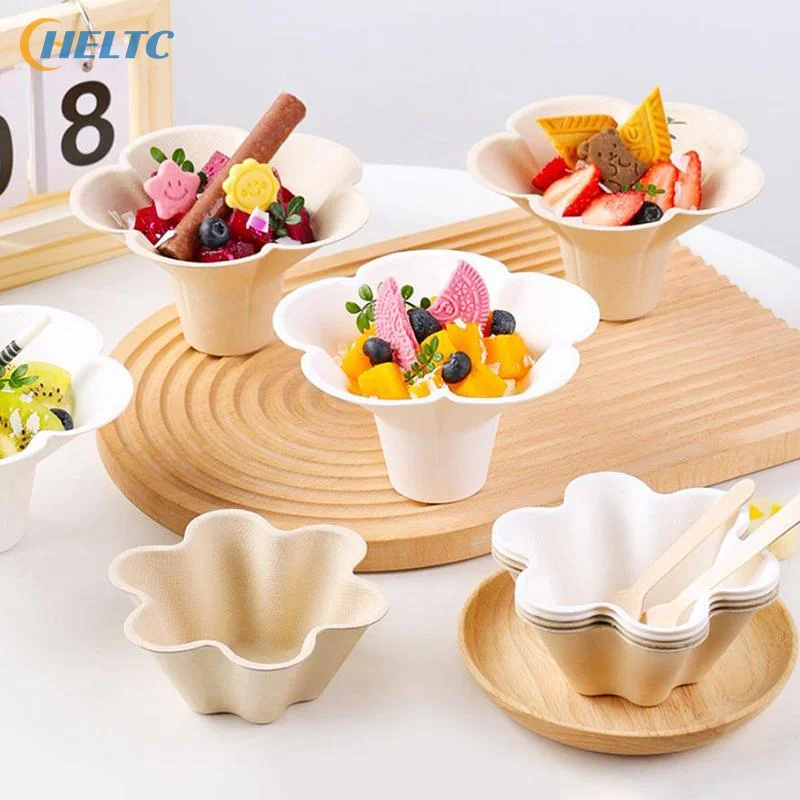 Leakproof Petal Shaped Disposable Paper Bowl Biodegradable Handheld Tableware For Picnic Birthday Party Bites 10pcs