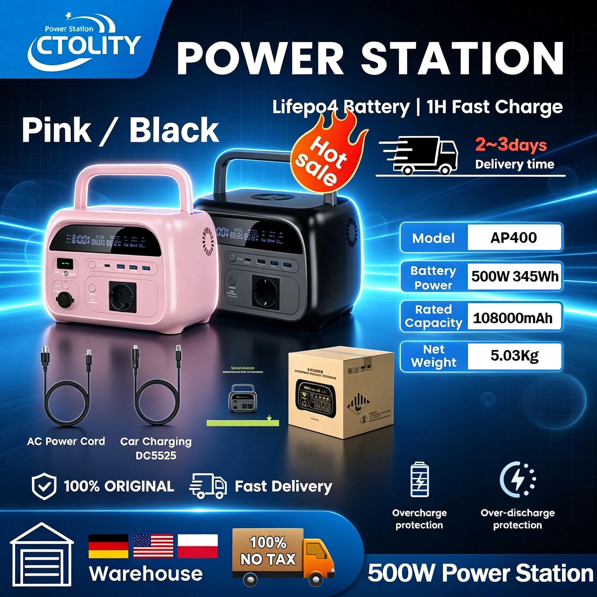 CTOLITY AP400 500W Powerstation, reine Sinuswelle, Solar-Ladestation, 345WH, 108000mAh LiFePO4-Akku, tragbarer Camping-Solargenerator, Notstromversorgung, Heim-Backup-Stromversorgung, USB, Typ-C, LED