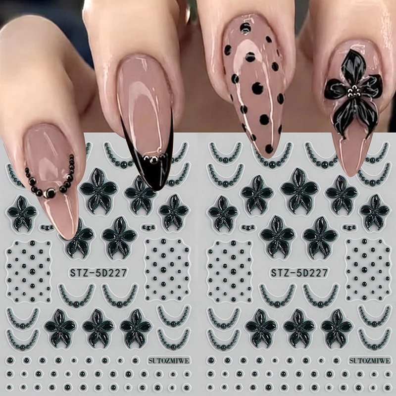 2pcs Elegant Black Lily Flower 5D Embossed Nail Stickers 5 Petals Floral Polka Dot French Nail Art Decals Fall Winter Relief Cha