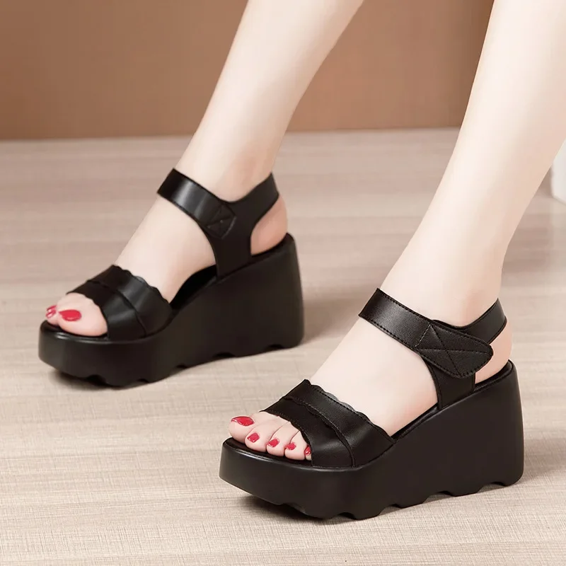 Small Size 32-43 New Office Ladies Platform Sandals Summer Leather Shoes 2024 Casual High Heels Wedges Sandals Office Mother