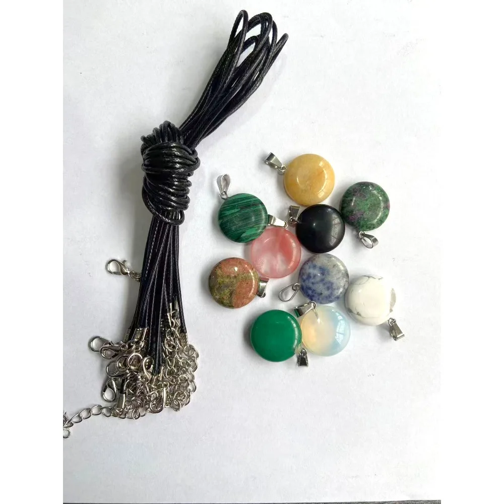 Round Natural Stone Watermelon Crystal Carved Single Hole Pendant with Leather Cord Necklace Jewelry Handmade Gift 20x23mm