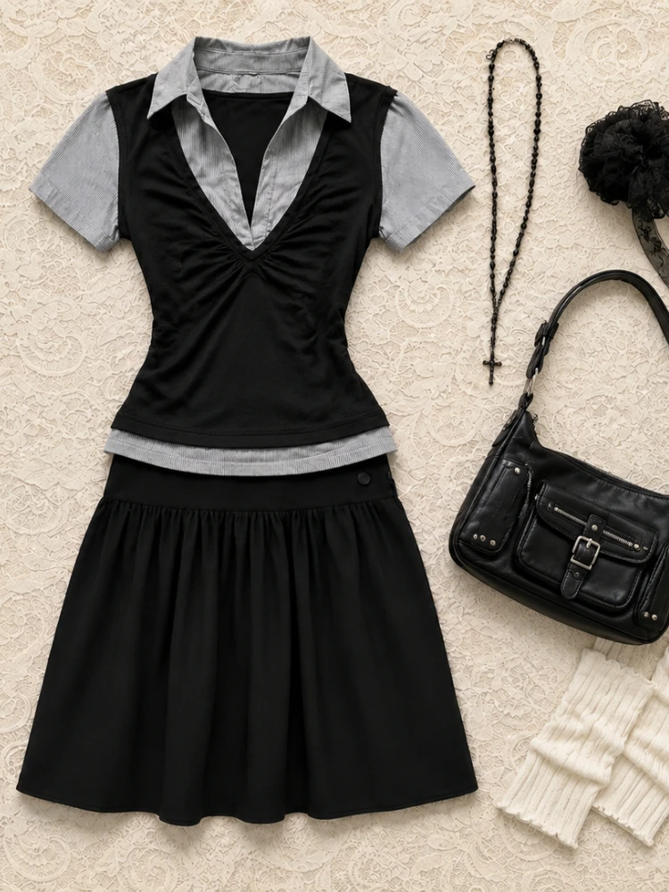 2026 Fall Korean Retro 2‑Piece Outfit Plaid Short Sleeve Blouse High Waist Pleated Skirt Y2K Harajuku Daily Street Matching Set image 4