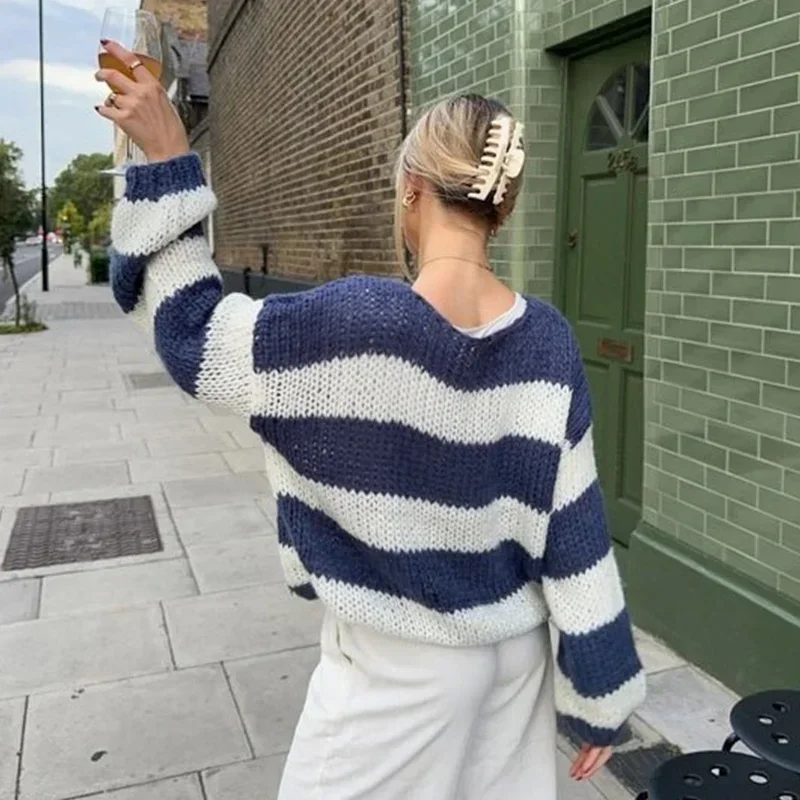 Women Y2K Preppy Striped Sweater Color Block Knit Long Sleeve Sweatshirt Loose Pullover Jumper Streetwear