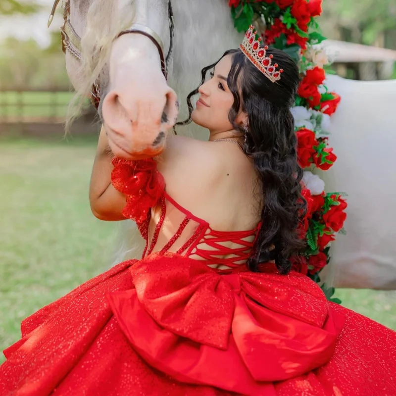 Shiny Red Quinceanera Dresses Off the Shoulder Glitter Lace Ruffles Decal Long tail Bow Vestidoe 15 Quinceanera Customize