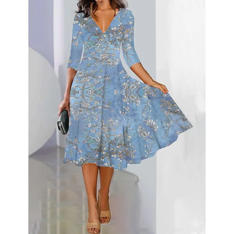 

2025 Spring Women's Dress V-neck Knitted Fashion Comfortable Casual Loose Digital Positioning Printed Mini Skirt