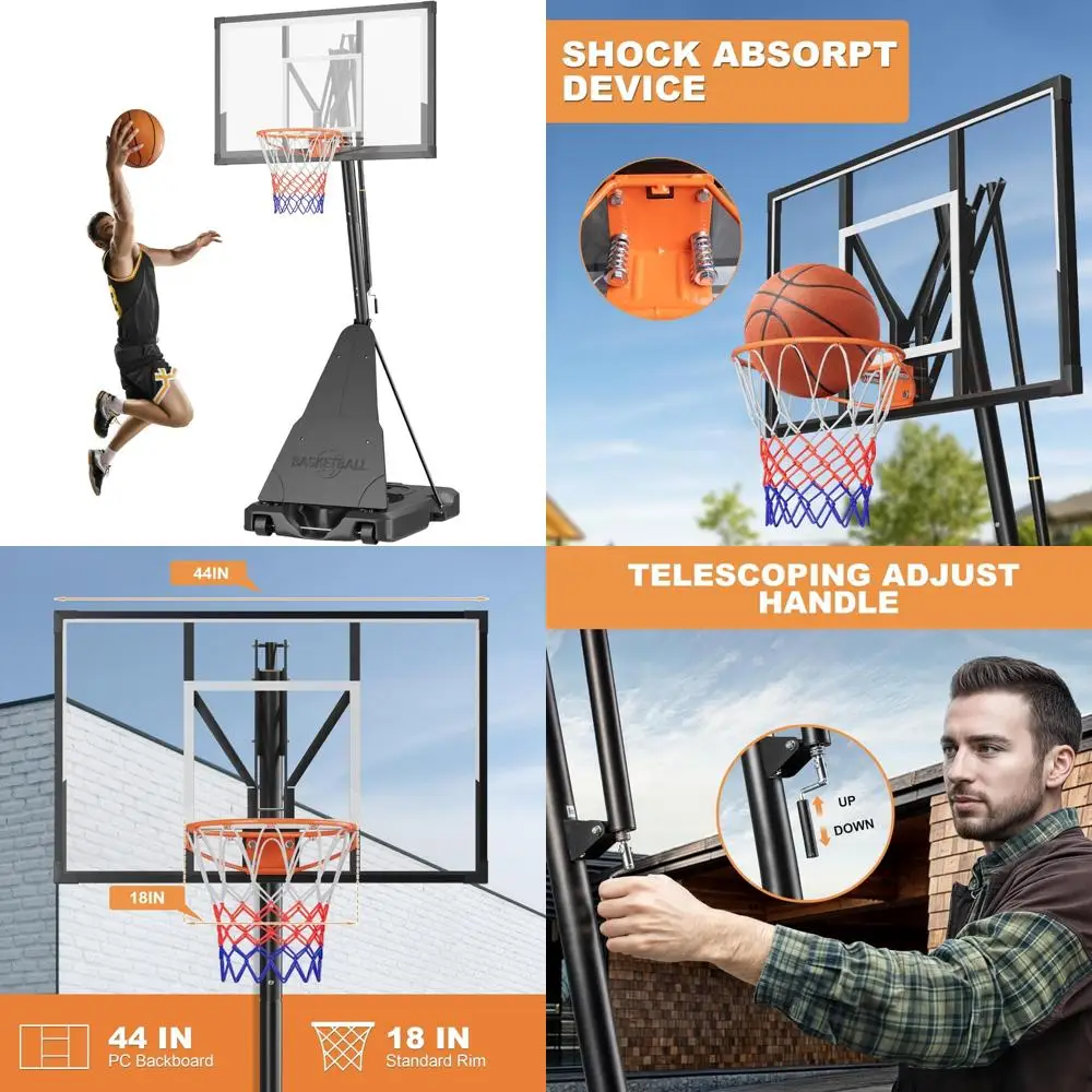 Golha de basquete ao ar livre ajustável com painel inquebrável, regulação de altura da manivela de 5-10 pés, tabela de 33/44 polegadas para regulagem