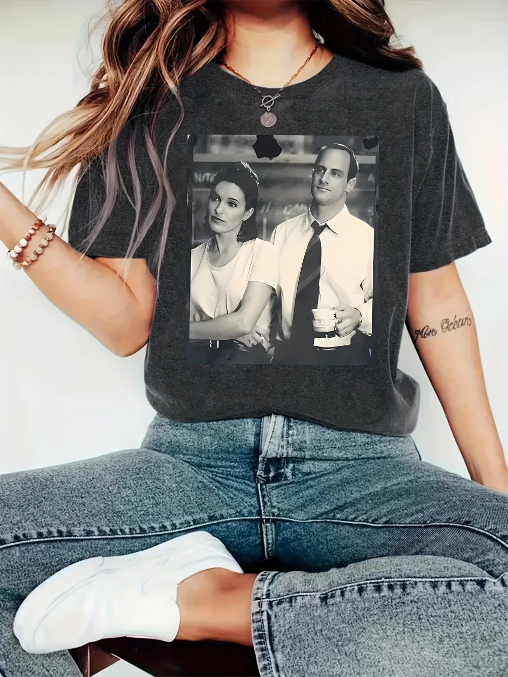 إليوت ستابلر وأوليفيا بنسون نمط طباعة عادية جولة الرقبة قصيرة الأكمام أعلى المرأة كل موسم القطن الخالص