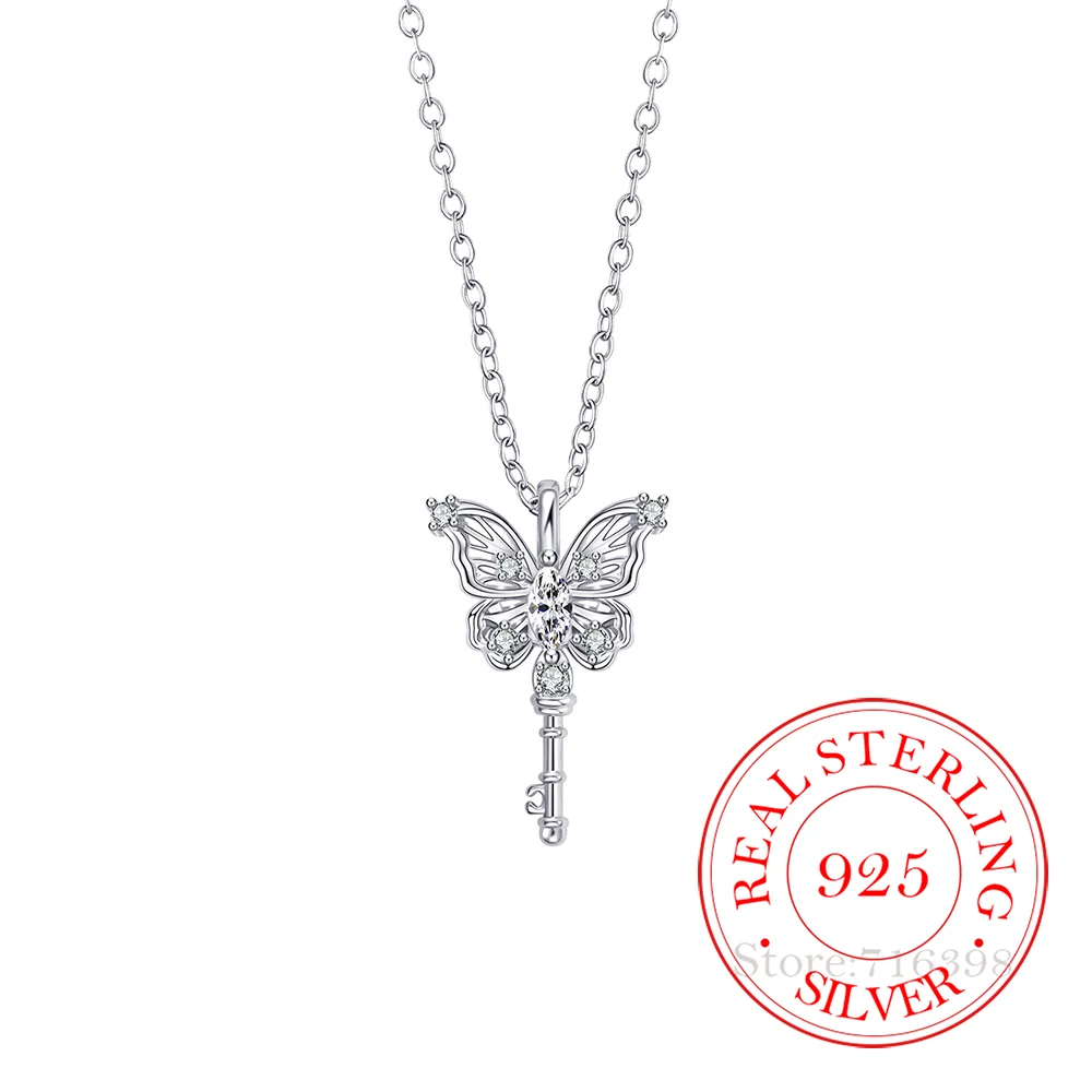 925 Sterling Silver Jewelry Luxury Butterfly Key Long Tassel Pendant Necklace for Women Wedding Party Jewelry Girls Friends Gift