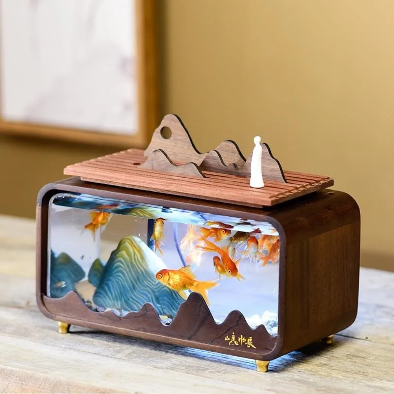 

Flow ornament black walnut solid wood small mini desktop fish tank ecological ultra-white home office living room goldfish tank