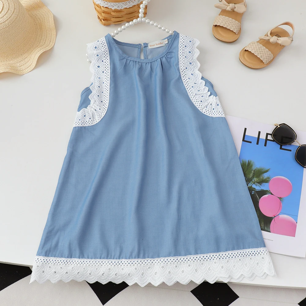 Summer New Girls Dress Blue O-neck Lace Patckwork Dresses Casual 3-7 Years Old Sleeveless Fashion Kids Clothes