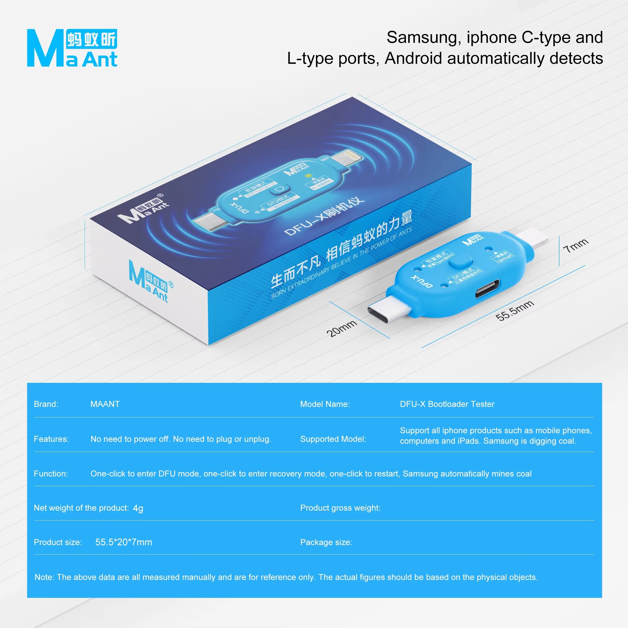 MaAnt DFU-X One-Click DFU Restore Tool Auto Detect Model No Plug-in Shutdown Phone Reboot Adapter for iPhone iPad Android Repair