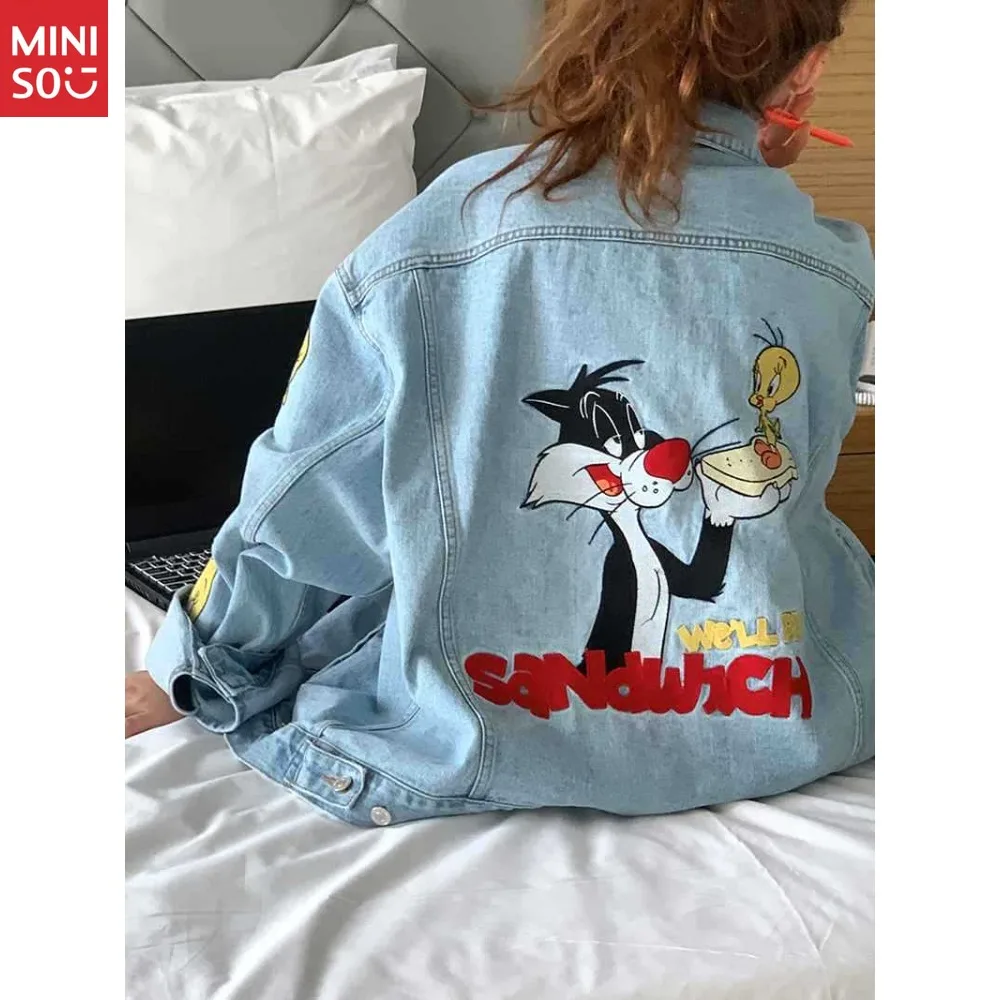 سترة ديزني للزوجين - نمط حروف كرتونية مطرزة فضفاضة ومغسولة بتصميم كلاسيكي للارتداء اليومي وملابس الزوجين