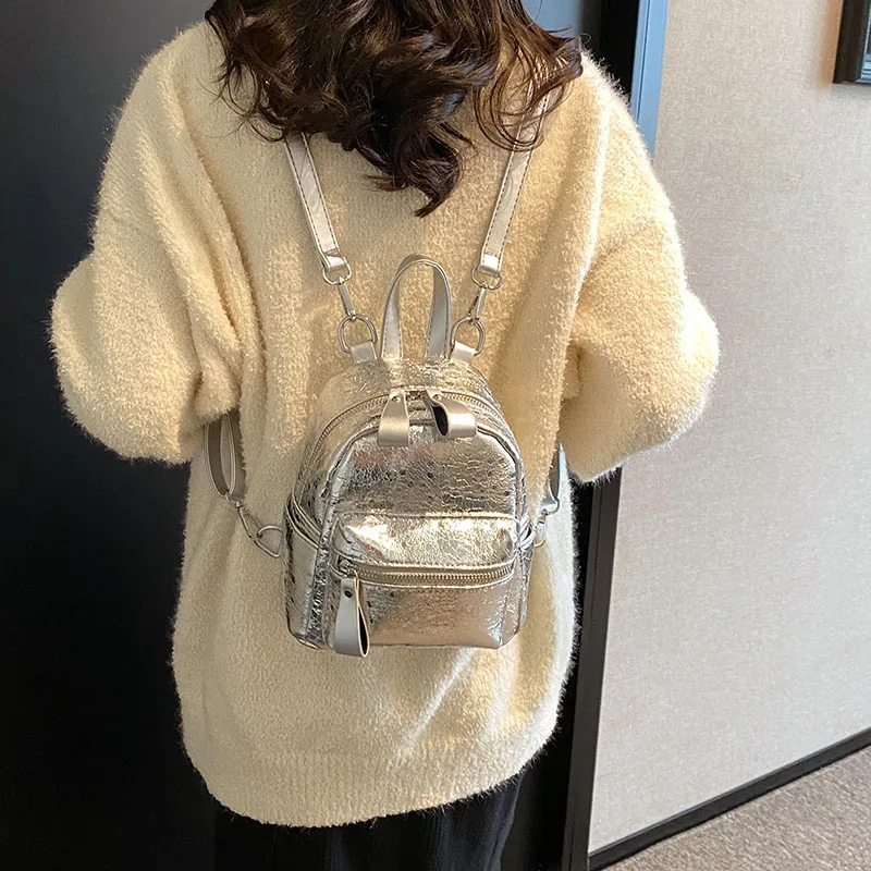 

Silver Backpack For Women Y2K Shoulders Bags Fashion Knapsack Mini Packbag Kawaii Rucksack PU Leather Mochila Korean Bookbag Ins