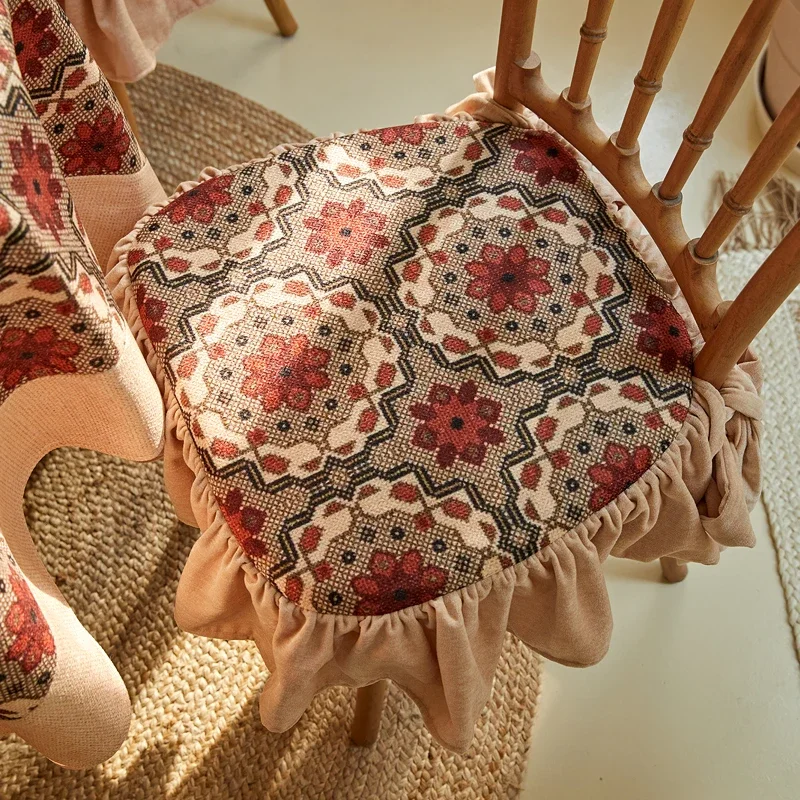 Pastoral Retro Chair Cushion Ruffled Red Flower Core Removable Non-Slip Chair Cover Home Decor Dining Chair Decorative Cushion