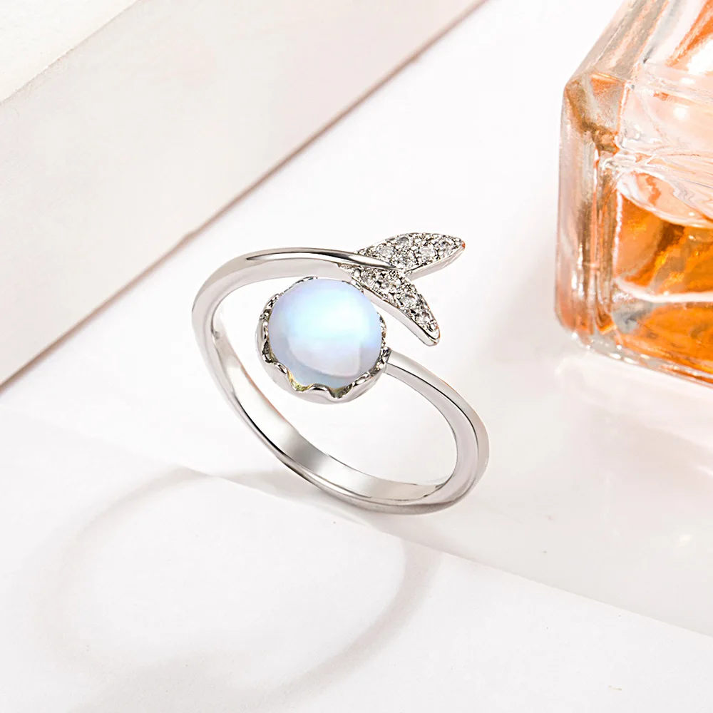 925 Sterling Silver Moonstone Open Ring, Asymmetrical Mermaid Tail Design with Pave CZ, Adjustable Iridescent Jewelry for Women