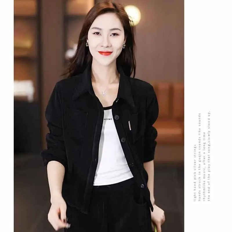 

Female Autumn Winter New Retro Style Plush Solid Color Long Sleeved Corduroy Suit Coat Women Fashion Leisure Two Piece Set Suit