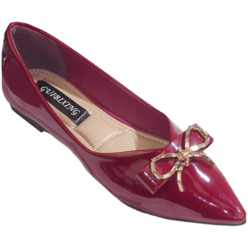 Large Patent Leather Rhinestone Lolita Single Shoe Pointed Soft Sole Shallow Cut Women's Flat Shoes Spring New Bow Ladies Shoes