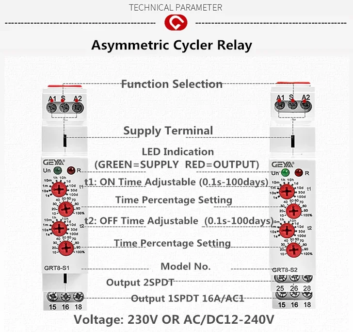 GRT8-S Asymmetric Cycle Timer Relay SPDT 220V 16A  AC/DC12V-240V Electronic Repeat Relay GEYA