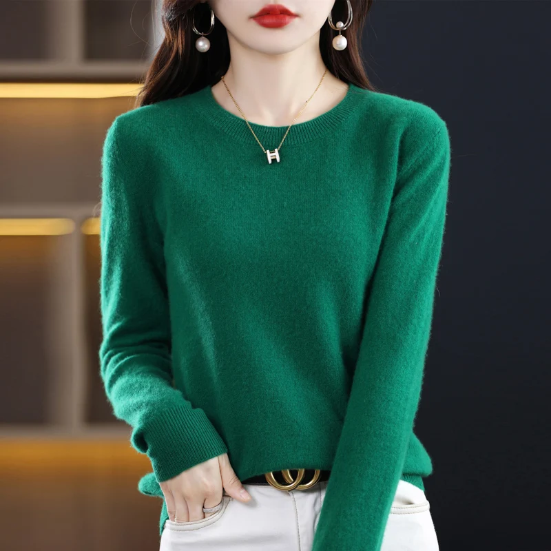 Autumn and winter new 100% pure wool cashmere sweater female O-neck pullover solid color casual knit top female Korean version