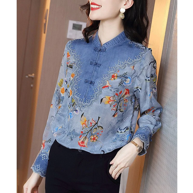 Vintage Embroidery Floral Print Chinese Style Elegant Shirts Women\'s Fashion Stand Collar Long Sleeve Top Blouse Clothing Blusas