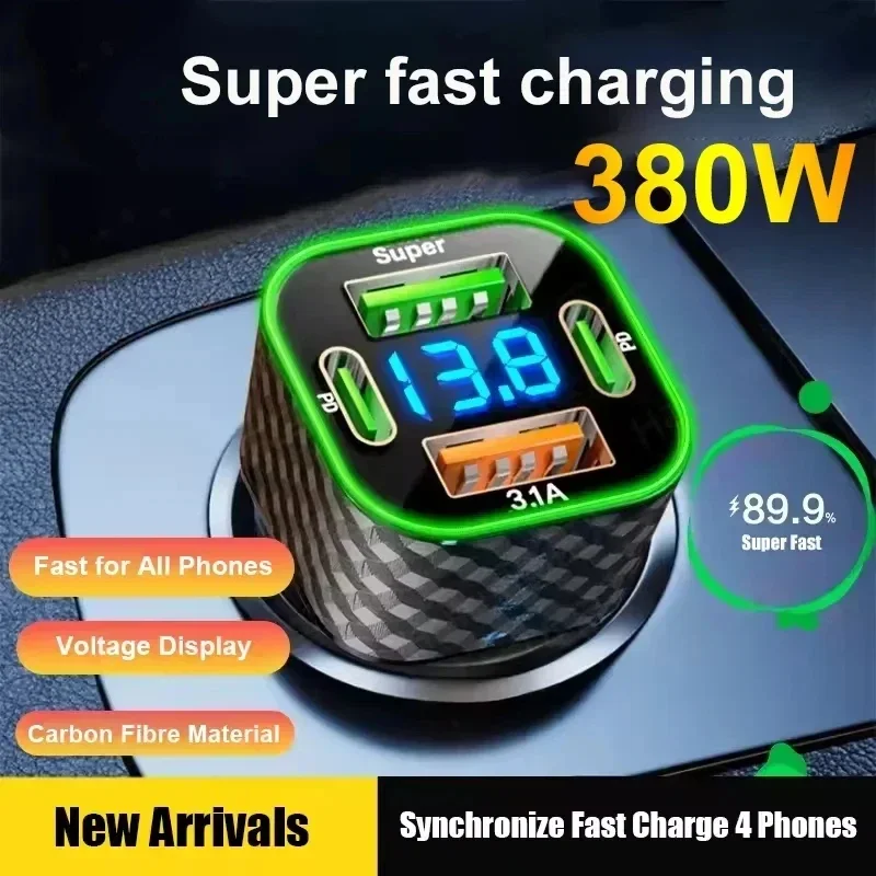 380W USB C Car Phone Charger Dual PD 4 in 1 with Voltage Display Super Fast Charge Adapter for iPhone Oppo Vivo Samsung 2026