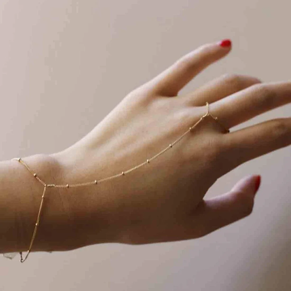 Boho Beach Hand Chain Bracelet 14K Gold Stainless Steel Waterproof Finger Ring Slave Bracelet for Women Essential Jewelry