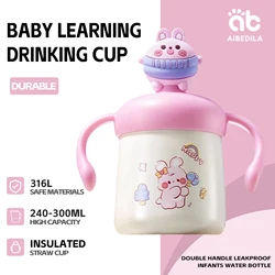 AIBEDILA Kid Water Cups Insulated Stainless Steel Straw Water Bottle Baby Learning Drinking Cup With Double Handle Leakproof