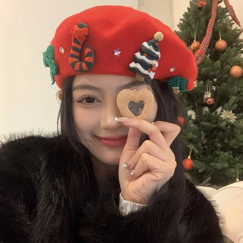 Women Christmas Beret Cap Red Green Beret Female Winter Headwear Xmas Party Dress Up New Year Gifts Girl Wool Christmas Hats