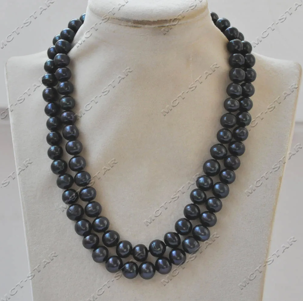 Z13074 2row 18'' 11mm Black Round Freshwater Pearl Necklace Abalone Shell clasp