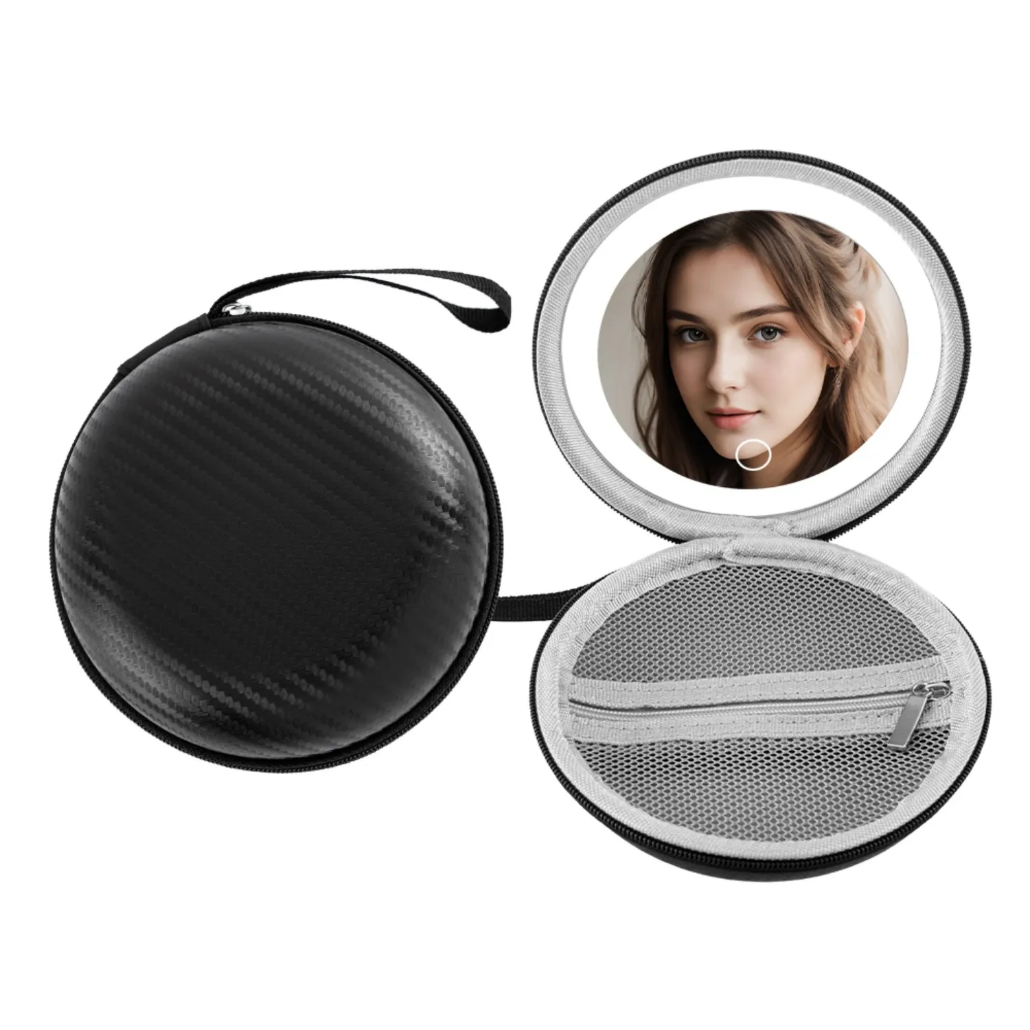 Portable Leather Makeup Mirror - Touch Dimming, Built-In Lipstick Storage, Rechargeable with Hanging Strap