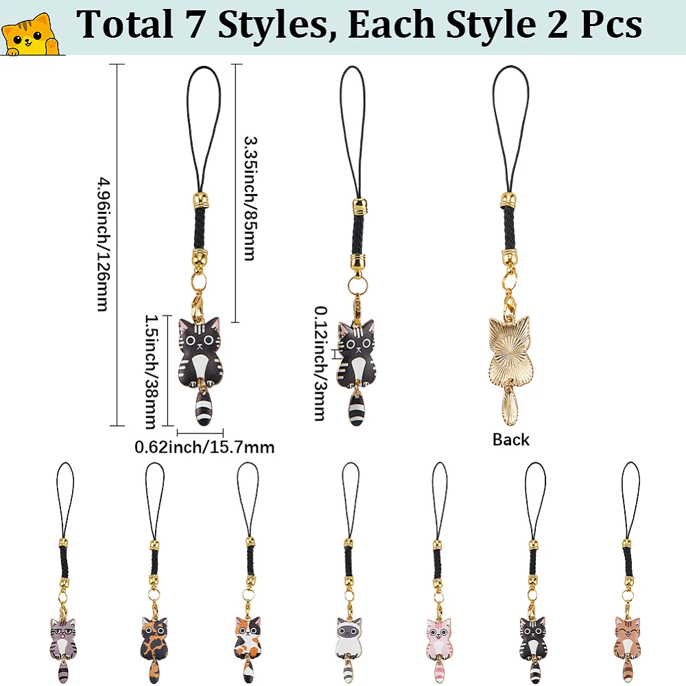 14pcs Cat Phone Strap Cute Animal Phone Charm Colorful Alloy Enamel Kawaii Aesthetic Cats Kittens Cartoon Pets Cellphone Charm