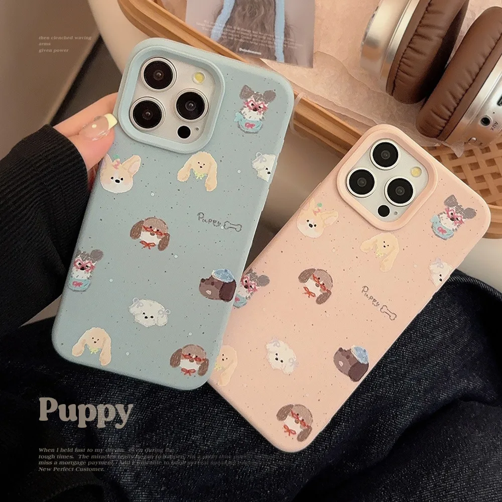 Ins Korean Splashing Ink Cartoon Dog Puppy Pink Blue Phone Case for iPhone 16 15 14 13 Pro Max 12 Back Cover