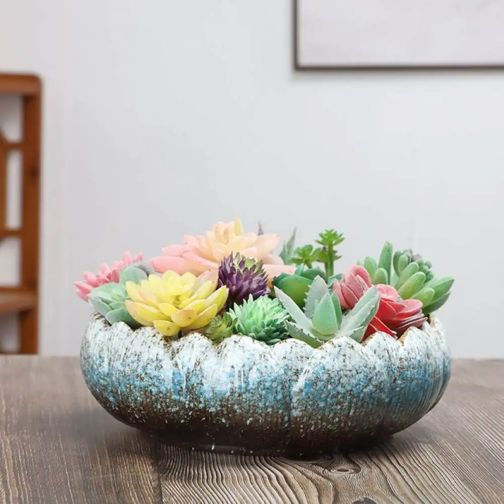 Decorative Ceramic Succulent Flower Pot Unique Coarse Pottery Planter Breathable Basin For Indoor Green Plants Desktop Decor