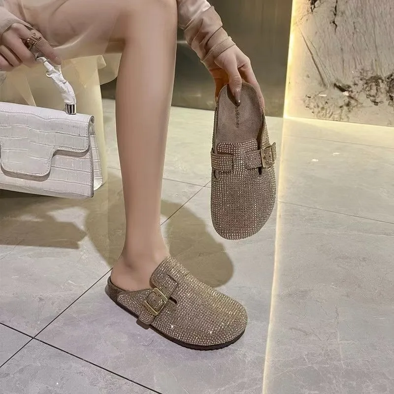 

Rhinestone Boken Shoes for Women in Summer 2026 Thick Soles One Foot Pedaling Wearing Toe Caps Half Slippers for Women