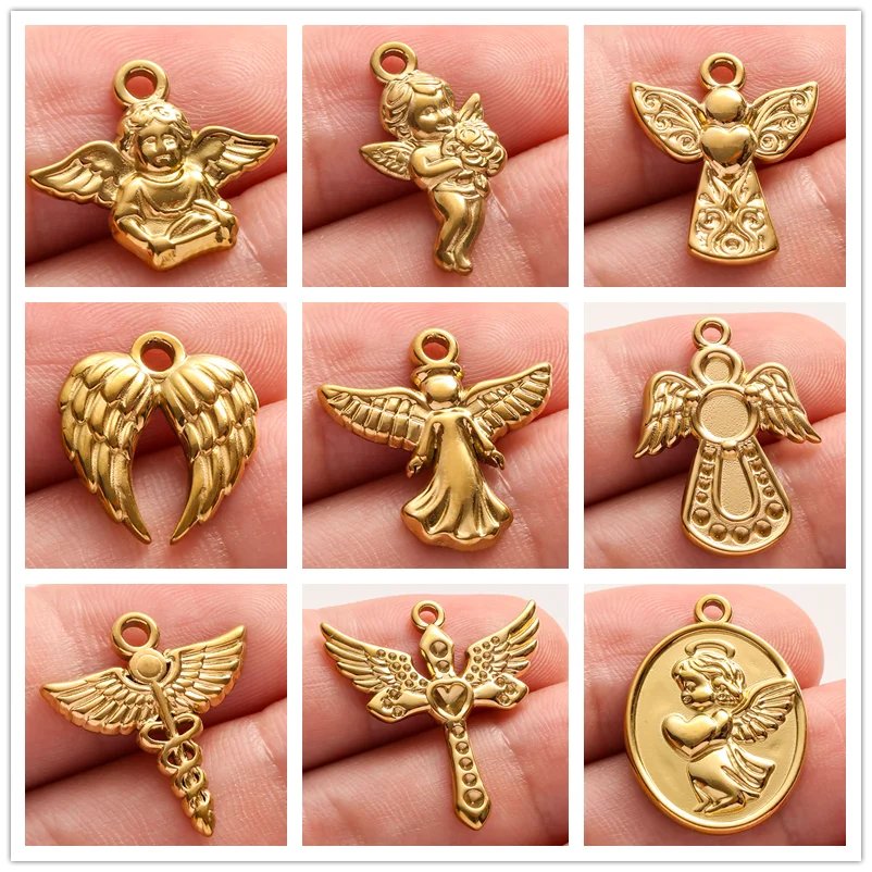 5pcs/Lot Cute Angel Wings Girl Charm Gold Color Stainless Steel Cross Pendants For Jewelry Making DIY Earrings Necklace Keychain