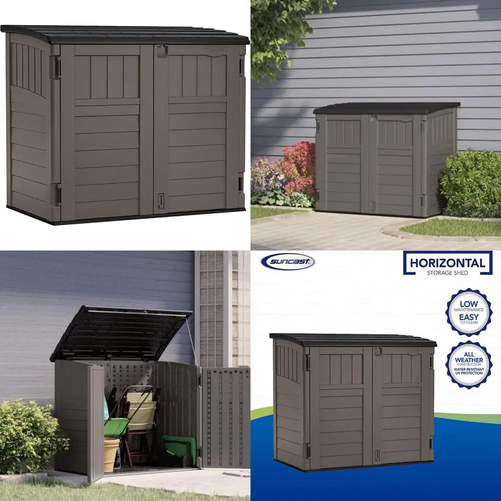 

Горизонтальный пластиковый навес для хранения на открытом воздухе Suncast 34 кубических футов с напольным, запираемым и устойчивым к атмосферным воздействиям