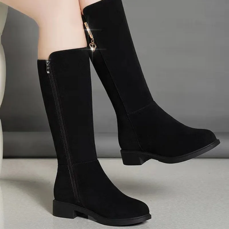 Cow Suede Mid-Calf Modern Boots 2023 New Square Heel Women\'s Shoes Winter Adult Round Toe Metal Decoration Women\'s Boots