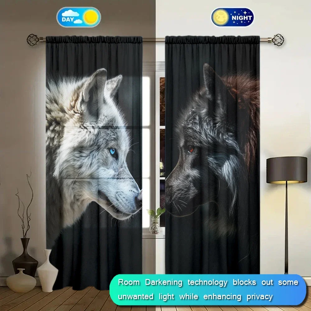 2pcs White Wolf Black Wolf Style Printed Curtain for Home Decor - Rod Pocket Window Treatment for Bedroom,Office and Kitchen