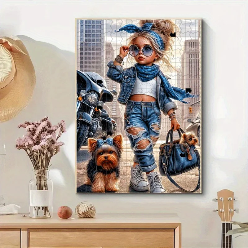 女の子、メガネ、ヘッドスカーフ、デニムジャケット、破れたジーンズ、ハンドバッグ、子犬、バイク、都市の建物パズル 500ピース/1000ピース 大人向けパズル