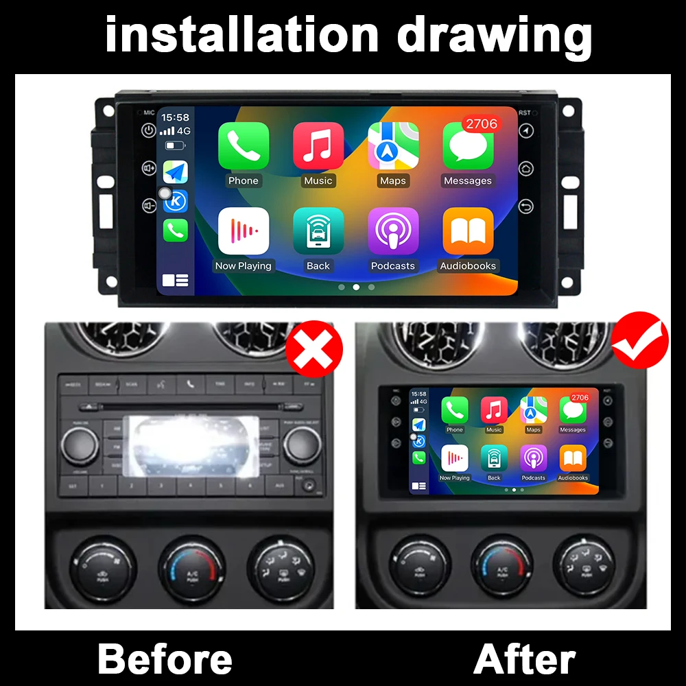 For Jeep Cherokee Compass Commander Wrangler 300C 2008 2009 2010 2011 Android 13 Car  Radio Stereo 4G+WIFI Wireless Carplay 7\